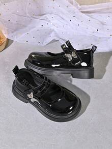 Girls' Shiny Mary Jane Shoes With Metal Butterfly Decor, Double Buckle, Non-Slip, Beige Princess Shoes - Black - View 4