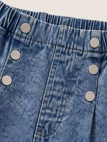 1pc Tween Girls Heart Embroidery Wide Leg Denim Jeans, Frayed Hem Double Button Design, Elastic Waist Casual Loose Straight Leg Long Pants - Medium Wash - View 4