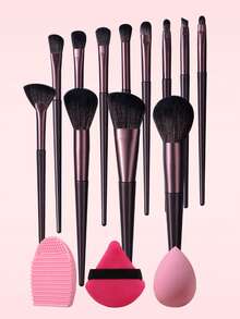 15Pcs Makeup Brush Kit, 12Pcs Face & Eye Makeup Brushes + Makeup Sponge + Triangle Powder Puff + Silicone Brush Cleaner, Soft Fiber For Foundation Blush Eyebrow Eyeshadow Daily Makeup - Coffee Brown - View 6