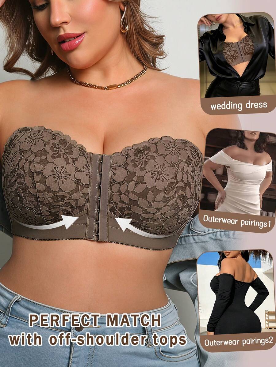 Plus Size Women's Floral Lace Front Closure Strapless Bra, Comfortable And Breathable, Push-Up Side Support, Multi-Row Hooks, Detachable Transparent Straps