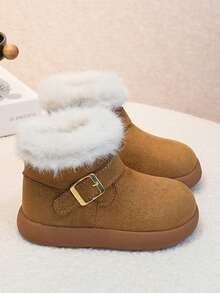 1 Pair Kids Padded Snow Boots, Thick Fur Lining For Warmth And Heat Retention, Buckle Decor, Side Zipper For Easy On And Off, Soft Sole Anti-Slip For Stable Walking - Camel - View 2