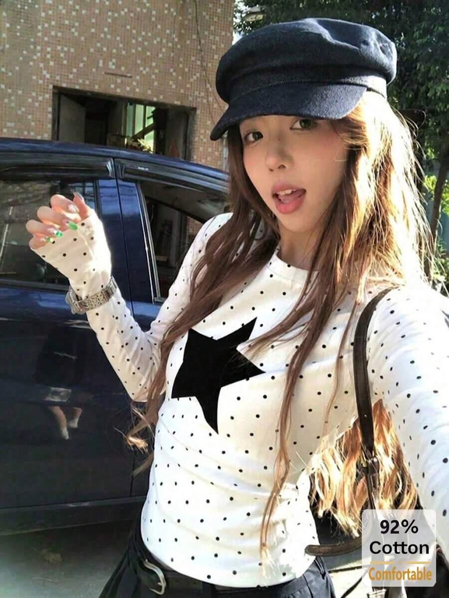 女款圓領波點星星印花休閒百搭日常通勤長袖T恤 - 白底黑點 - 查看 1