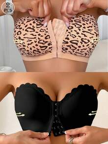 2pcs Women's Bra Set, Front Closure Design, Ruffle Trim, Molded Cups, Removable Pads, Camisole, Leopard Print + Solid Color - Multicolor - View 1