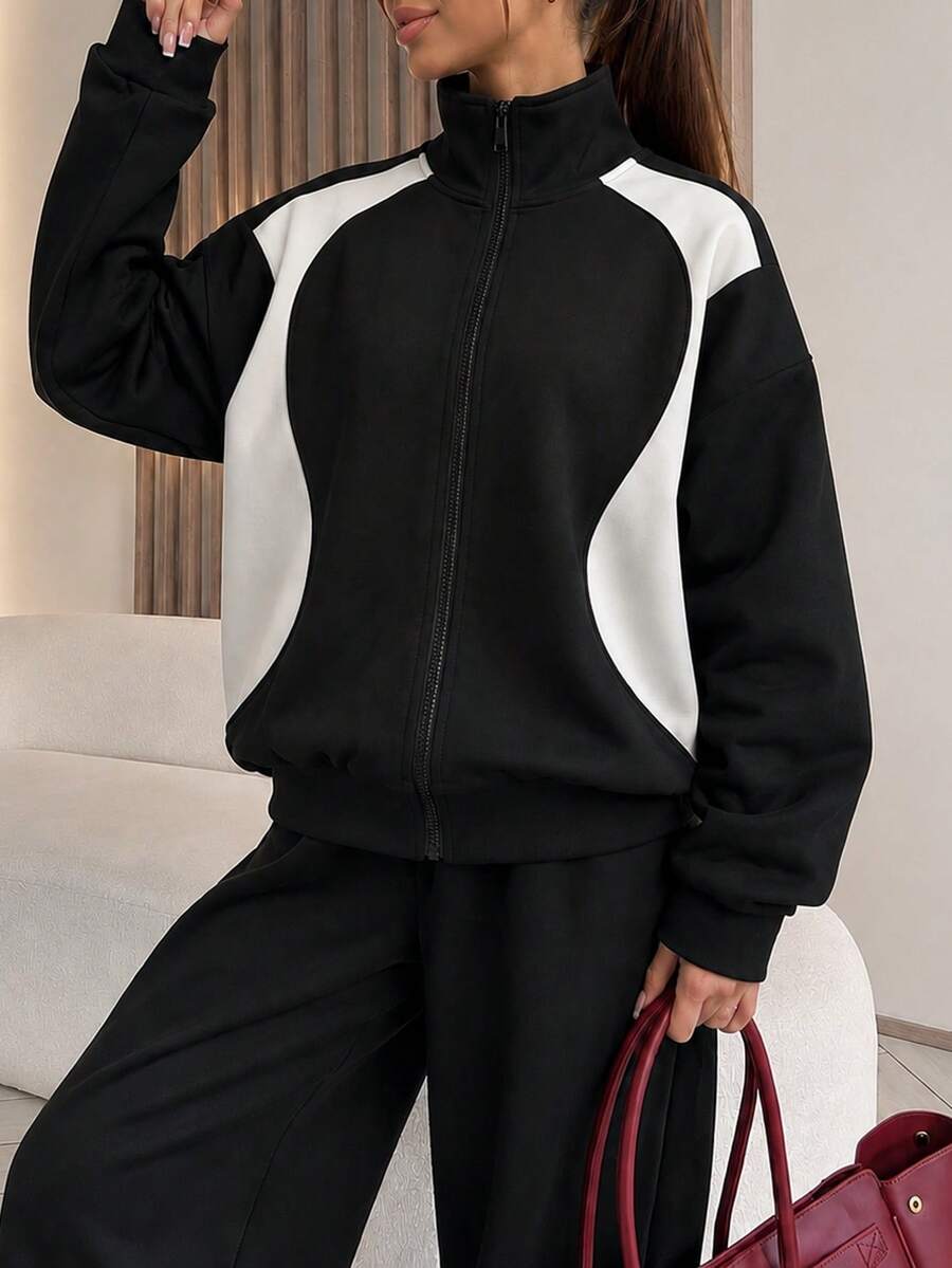 Women's Color Block Zip Up Sweatshirt Jacket, Black & White Contrast Track Jacket, Casual Winter Clothes For Women - Black - View 1