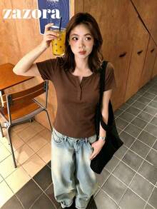 Brown Thin Low Neck Short Sleeve T-Shirt Women Korean Style Slim Fit Cropped Top - Brown - View 4