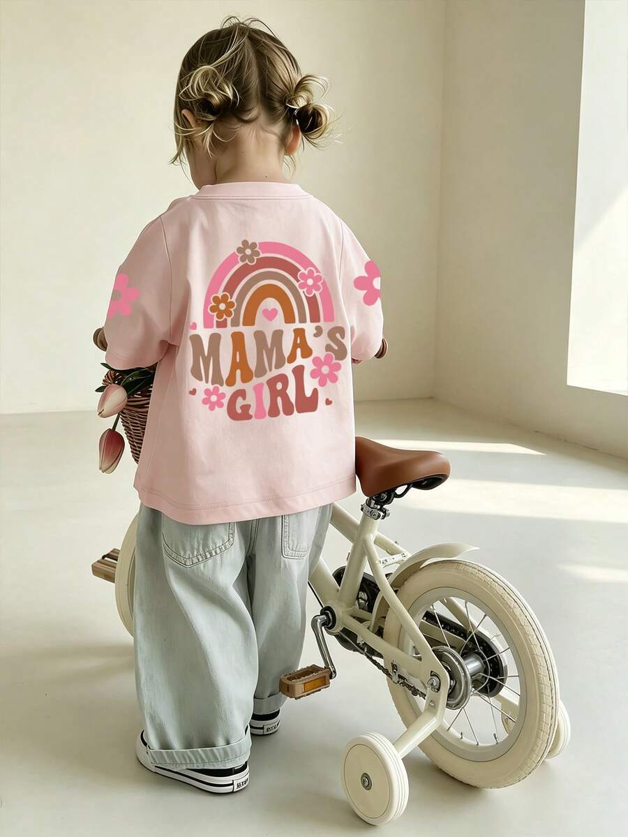 Baby Girls Minimalist "Mama's Girl" Letter Print Crew Neck Short Sleeve Cute Tee - Pink - View 1