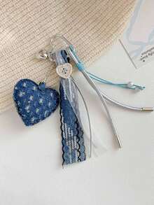 1pc Denim Heart Keychain Pendant, Cute Sequin Heart Charm With Bow Ribbon And Metal Carabiner Clip, Y2K Fashion Bag Accessory For Women And Girls - Multicolor - View 2