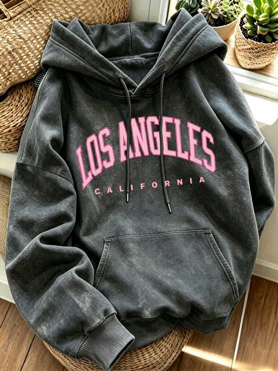 Women's Vintage Acid Wash LOS ANGELES CALIFORNIA Letter Print Drop Shoulder Sweatshirt With Kangaroo Pocket - Black - View 1