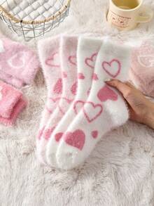 2/4 Pairs White And Pink Fuzzy Women's Mid-Calf Socks, Heart Pattern Warm Socks, Soft And Comfortable, Random Color - Multicolor - View 8