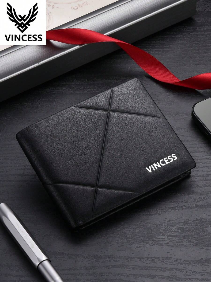VINCESS Men's Genuine Leather Wallet, Fashionable Slim Card Holder With Multiple Card Slots And RFID Blocking, Geometric Design, Casual Fashion For Daily Use, Perfect Gift For Men On Holidays And Valentine's Day - Black - View 1