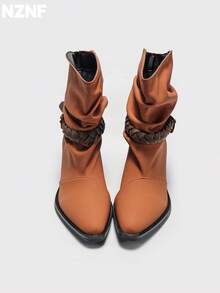 NZNF 1 Pair Contrast Color Western Style Buckle Thick Sole Slip-On Women's Retro Knight Boots Matte Chunky Heel Mid-Calf Boots Outdoor - Burnt Orange - View 5