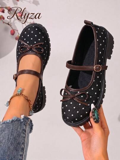 rlyza Vintage Polka Dot Mary Jane Leather Shoes For Women, Bow Knot Buckle Chunky Heel Pumps, French Retro Commuter Versatile Women's Shoes