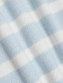 Women's Autumn Blue & White Striped Knit Cardigan, Round Neck, Button Front, Lantern Sleeves, Ribbed Hem, Casual Back To School Daily Top - Blue and White - View 5
