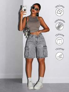 Vintage Street Style Women's Cargo Denim Shorts, Straight Leg, Flap Side Pockets, Non-Stretch, Summer Denim Shorts, Daily Wear, Vacation Outfit - Light Grey - View 6