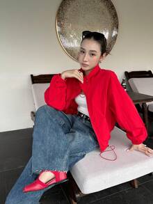 Women's Short Lightweight Jacket, Romantic Red, Single Layer, Drawstring Collar, Loose Fit, Fashionable Versatile, Wear Alone Or Layer - Red - View 13