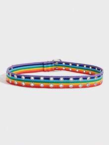 1pc Girls Rainbow Canvas Woven Belt, Cute Western Boho Punk Street Style Double-Row Eyelet Hollow Rainbow Belt, Y2K Belt For Girl, Matches Jeans And Dresses, Suitable For Parties, Music Festivals, School And Commuting - Multicolor - View 4