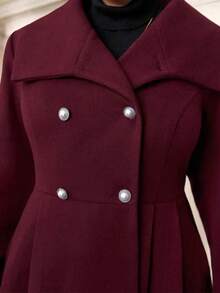 Plus Size Women's Winter Thickened Coat, Burgundy Asymmetrical Collar Double-Breasted A-Line Mid-Length Jacket - Burgundy - View 8