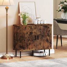 Mid-Modern Sideboard Storage Cabinet With Slatted Tambour Sliding, Kitchen Cabinet With Steel, On-Site - Rustic Brown + Engineered Wood - View 8