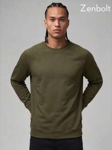 Zenbolt Men's Basic Crew Neck Sweatshirt, Raglan Sleeve Comfortable Skin-Friendly Pullover, Casual Long Sleeve Men's Top - Army Green - View 4