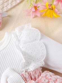 2pcs/Set, Baby Girl, Casual Elegant Fashionable Cute, Soft Comfortable, Lace Trim Embroidery Bow Decor Patchwork Floral Jacquard Cake Layered Ruffle Bodysuit Dress And Headband, Baby Girl Clothing, Newborn Baby Girl Clothing, Baby Clothing, Baby Supplies, Autumn Baby Girl Clothing, Newborn Clothing, Suitable For Daily Wear, Vacation, Party, Outdoor Activities, Photography - Multicolor - View 5
