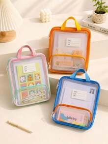1Pc Cute Back‑To‑School Transparent Document Bag, Solid Color Edge Binding With Label Pocket, Zipper File Pouch With Portable Handle, Multi‑Layer Clear PVC File Organizer, Perfect For A4 Papers, Homework And School Supplies, Practical Storage Pouch - Multicolor - View 4