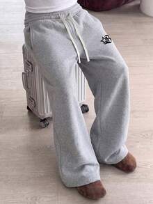 Men's Casual Lightweight Sports Pants, Unisex. Featuring A Loose Straight Fit And Drape, Suitable For Home And Outdoor Activities. Made Of 100% Polyester, With Drawstring Waist For Easy Adjustment - Light Grey - View 5