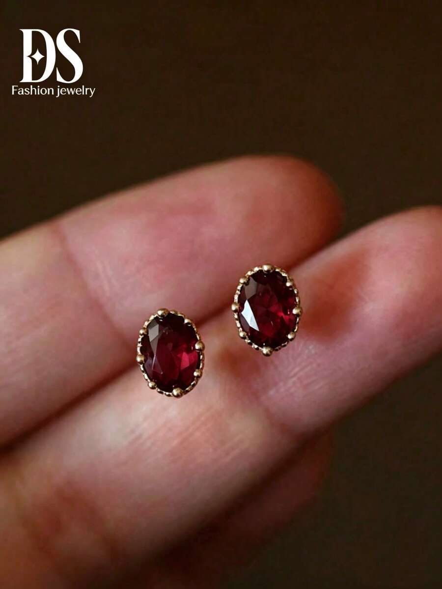 1pc Vintage Red Student Girl Earring, Charming Party & Gathering Jewelry For Women - Red - View 1