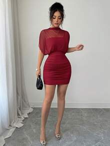 abyoxi 女款酒紅色網紗拼接圓領蝙蝠袖抓皺收腰修身短洋裝，性感年輕辣妹風，適合約會、派對、夜生活、晚宴、生日，春夏緊身迷你洋裝 - 酒紅色 - 查看 5