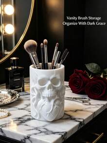 Skull Heart Embossed Makeup Brush Bucket Multifunctional Desktop Cosmetic Box Halloween Christmas Decor Vanity Rack Pen Holder Dual Use Dark Resin Beauty Organizer Gift - Multicolor - View 8
