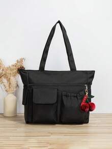 Women's Fashion Versatile Solid Color Nylon Tote Bag, Large Capacity Multi-Pocket Handbag, Suitable For School, Commuting And Daily Use - Black - View 16