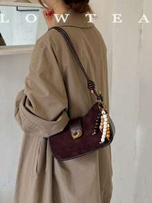 low tea 1pc Minimalist Fashion Baguette PU Leather Shoulder Bag, Suitable For Commuting, Shopping, Etc. (With Pendant) - Coffee - View 6