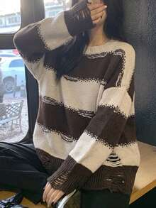 Autumn/Winter New Slouchy Color Block Striped Pullover Mid-Length Sweater Loose Round Neck Knit Top Fall - Brown - View 5