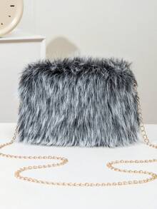 Furry Bag With Metal Chain, Women's Fashion Personalized Minimalist Versatile Shoulder Bag, Suitable For Daily Shopping, Dating, Music Festivals - Black and White - View 5