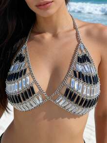 ZHENGHEN Handmade Exquisite Black Transparent Rhinestone Striped Body Chain Bustier, Handmade Rhinestone Bikini Top Suitable For Beach Vacation And Nightclub - Black and White - View 8
