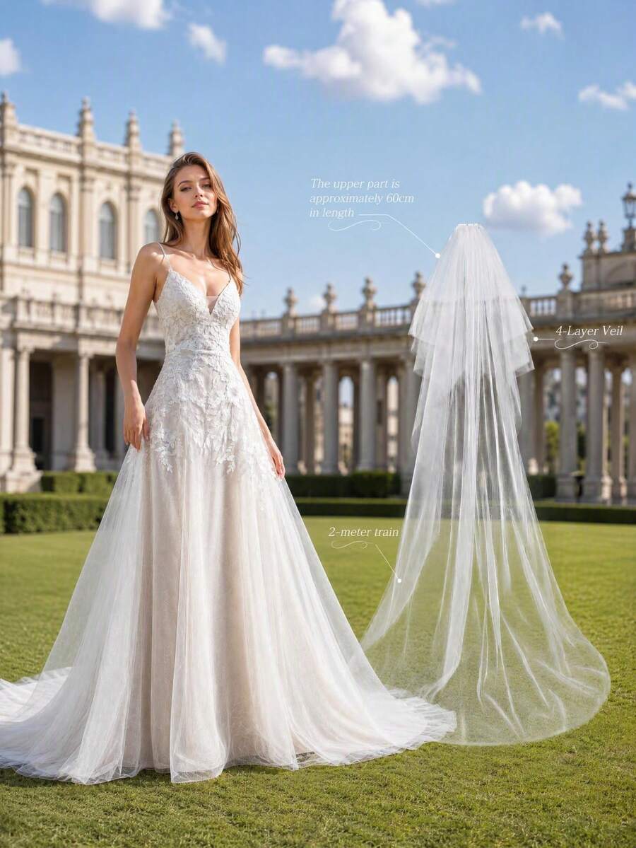 Elegant V-Neck Mesh Fabric Wedding Dress With Applique A-Line Long Gown Including Cathedral Wedding Veil Bridal Long Veil - Beige - View 1