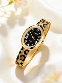 1pc Women's Oval Vintage Fashion Quartz Watch, Gold Alloy Case, Black ...