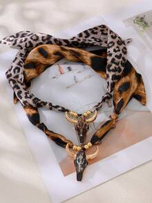 1pc Western Cowboy Vintage Creative Fashion Elegant Exquisite Luxurious Minimalist Personalized Exaggerated Bull Head Pendant Leopard Print Silk Scarf Fabric Necklace Jewelry Gift For Women Sisters Couples Ball Evening Party Ceremony, Suitable For Daily Wear Dating Party Holiday Gift Commuting Christmas Halloween - Multicolor - View 6
