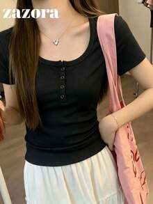 Black Thin Low Neck Short Sleeve T-Shirt Women Korean Style Slim Fit Cropped Top - Black - View 5