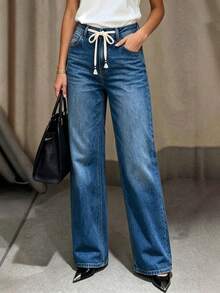 Washed Blue Autumn/Winter New Casual Loose Straight Wide Leg Drawstring Denim Jeans For Women - Blue - View 2