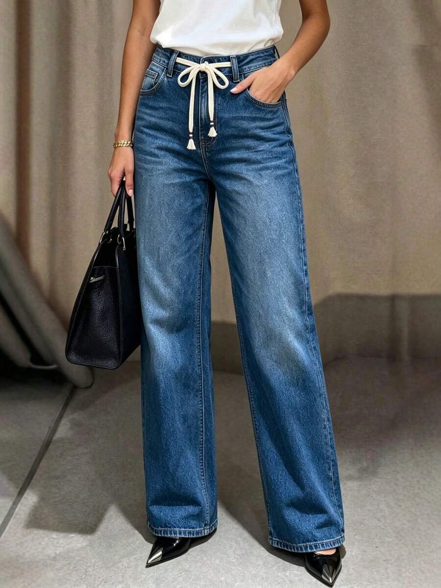 Washed Blue Autumn/Winter New Casual Loose Straight Wide Leg Drawstring Denim Jeans For Women - Blue - View 1