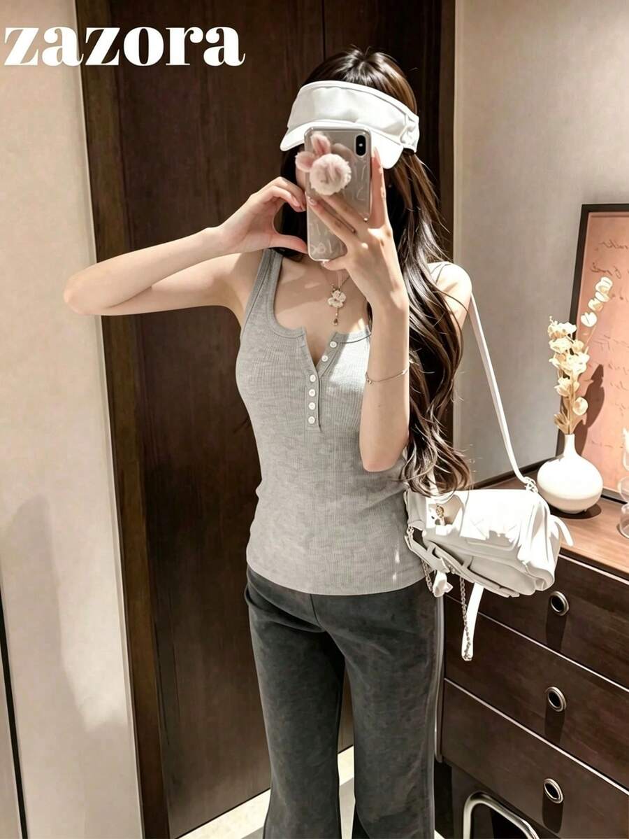 Atasan Tank Top Camisole Rajut Kancing Leher U Seksi Gaya Korea untuk Wanita, Cocok untuk Semua Musim - Light Grey - View 1