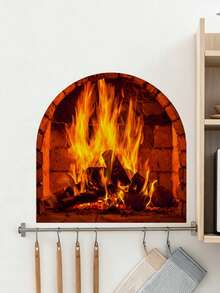 Simulated Fireplace Wall Sticker, Arch-Shaped Rectangle Firewood Flame Retro Brick Fireplace Decal, PVC Removable Self-Adhesive Wall Sticker, Christmas Home Rental Apartment Living Room Autumn And Winter Cozy Decoration - Wall Stickers - View 11