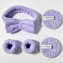 5Pcs Face Washing Set, Soft Plush Bow Headband, Absorbent Wristbands & Reusable Makeup Remover Pads, Multiple Colors Available - Multicolor - View 9