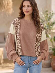 Acelitt Women's Ribbed Knit Leopard Print Patchwork Top, Long Sleeve Crew Neck Casual Pullover, Suitable For Spring And Autumn - Multicolor - View 1