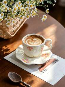 280ml Ceramic Cup And Saucer Set, Coffee Cup, Tea Cup And Water Cup With Embossed Floral Pattern; Back To School Season Ceramic Floral Milk Cup And Afternoon Tea Cup; Dessert Plate; Gift Wrapped Coffee Cup And Saucer Set - Multicolor - View 1