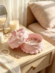 1 st mini smyckesförvaringsbox i tårtstil, kompakt rund design med lock, krämvit med präglat blommönster, smyckesorganizer, dekorativ skrivbordsaccessoar - Rosa - Visa 6