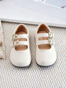 Girls' Double Buckle Mary Jane Shoes, Vintage Metal Flower Decor, Non-Slip Shoes For Toddlers - White - View 3