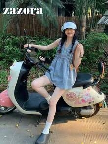 格紋寬鬆版型V領無袖女款上衣，無彈力，可作內搭或外穿，夏季女裝 - 藍白色 - 查看 5