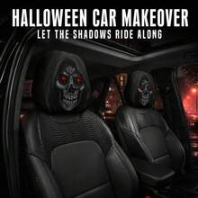 2pcs Set Red Eyes Skull Car Headrest Covers, 2D Print Soft High Elasticity Headrest Towel, Halloween Car Interior Decoration - Black - View 1