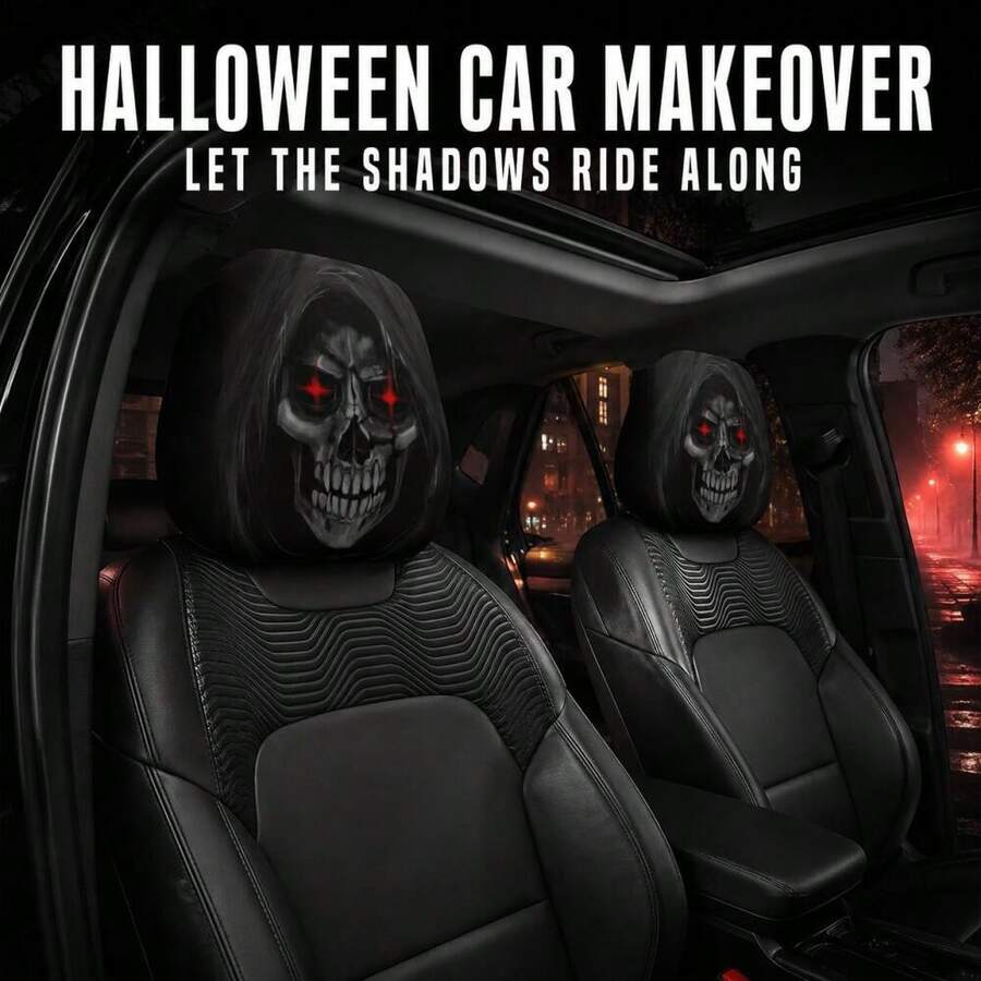 2pcs Set Red Eyes Skull Car Headrest Covers, 2D Print Soft High Elasticity Headrest Towel, Halloween Car Interior Decoration - Black - View 1